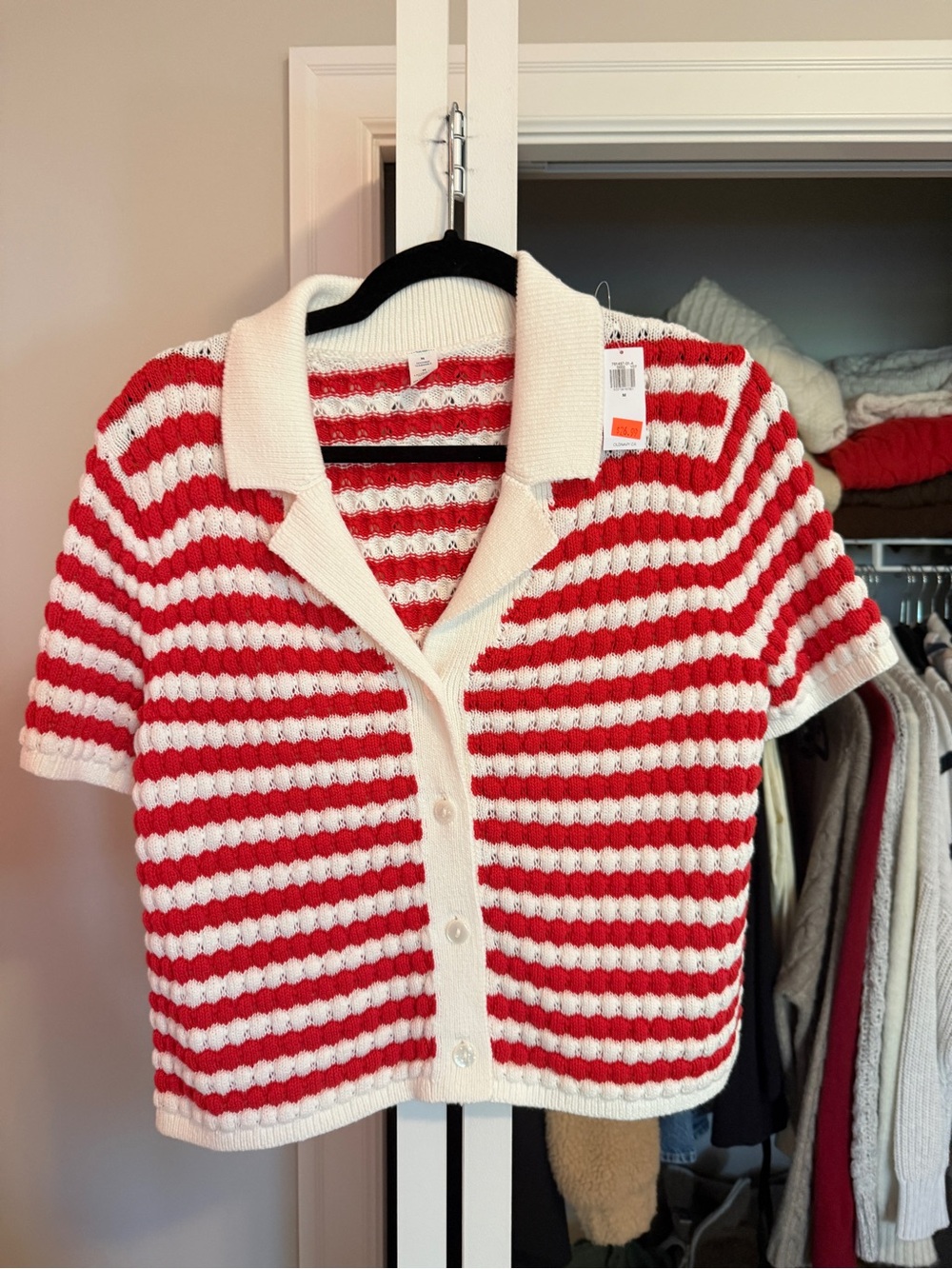 Old Navy Red and White Striped Short-Sleeve Knit Cardigan
